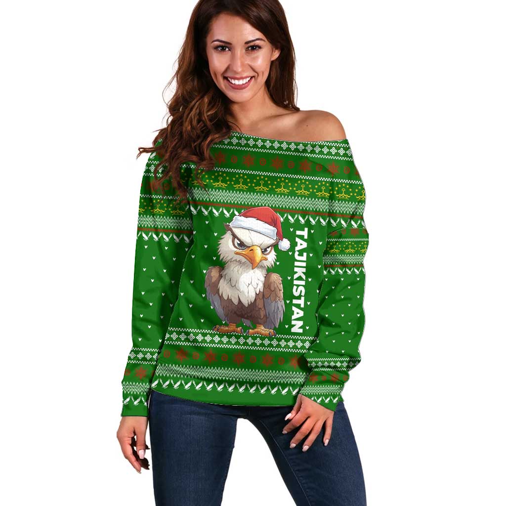 Tajikistan Christmas Off Shoulder Sweater with Santa Hat Eagle Green Snowflake Pattern and Holiday Design - Wonder Print Shop