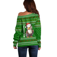 Tajikistan Christmas Off Shoulder Sweater with Santa Hat Eagle Green Snowflake Pattern and Holiday Design - Wonder Print Shop
