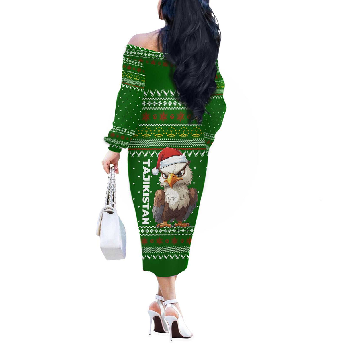 Tajikistan Christmas Off The Shoulder Long Sleeve Dress with Santa Hat Eagle Green Snowflake Pattern and Holiday Design - Wonder Print Shop