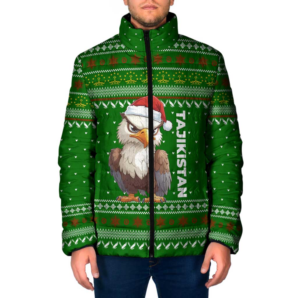 Tajikistan Christmas Padded Jacket with Santa Hat Eagle Green Snowflake Pattern and Holiday Design - Wonder Print Shop