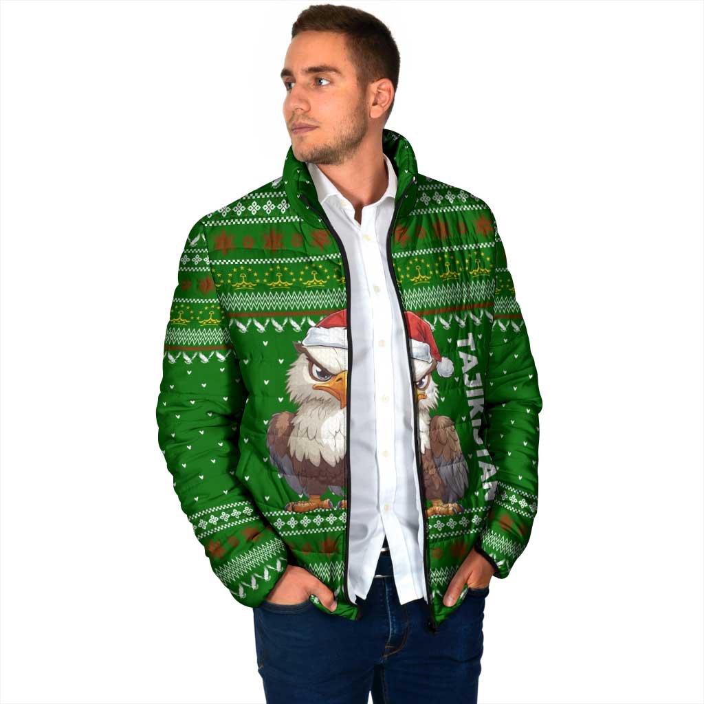 Tajikistan Christmas Padded Jacket with Santa Hat Eagle Green Snowflake Pattern and Holiday Design - Wonder Print Shop
