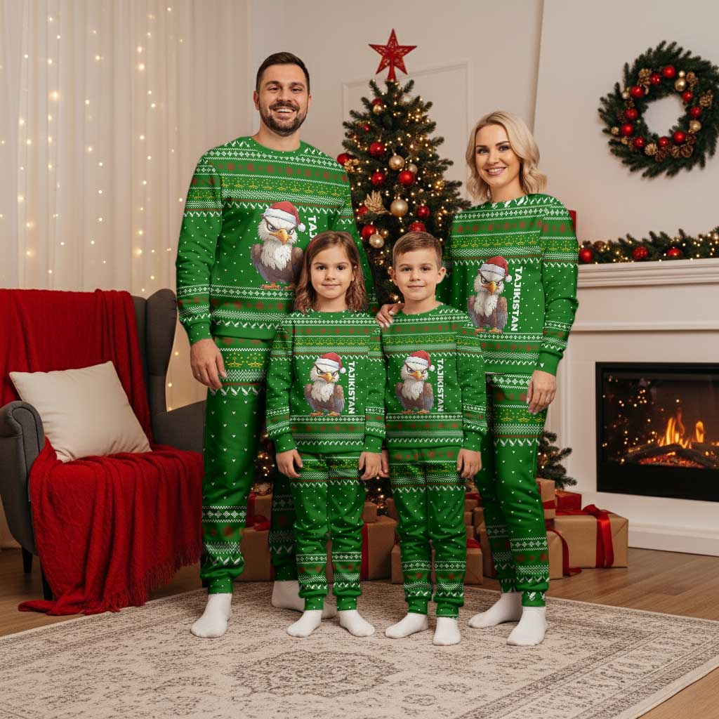 Tajikistan Christmas Pajama Set with Santa Hat Eagle Green Snowflake Pattern and Holiday Design - Wonder Print Shop