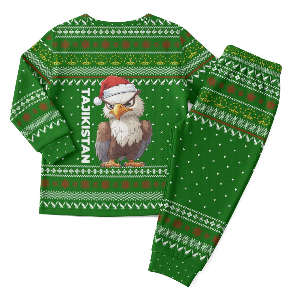 Tajikistan Christmas Pajama Set with Santa Hat Eagle Green Snowflake Pattern and Holiday Design - Wonder Print Shop