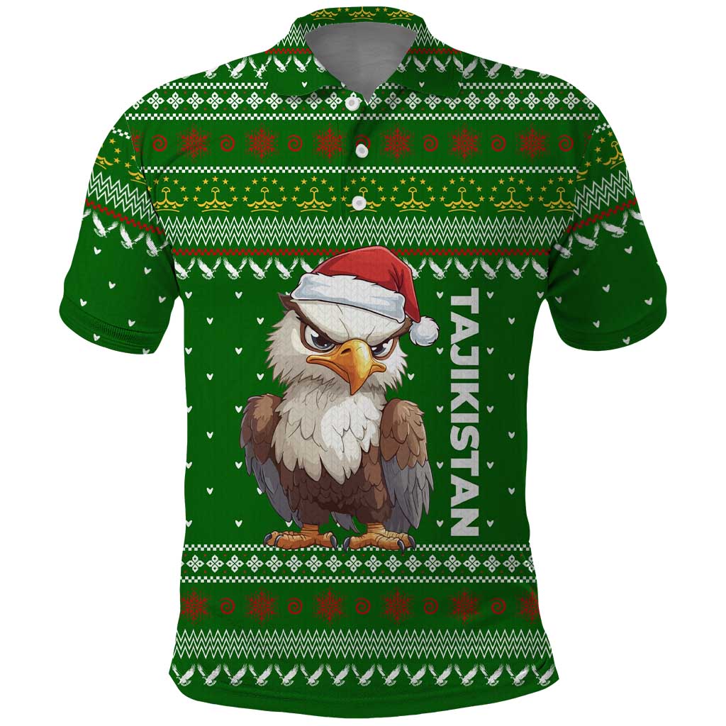 Tajikistan Christmas Polo Shirt with Santa Hat Eagle Green Snowflake Pattern and Holiday Design - Wonder Print Shop