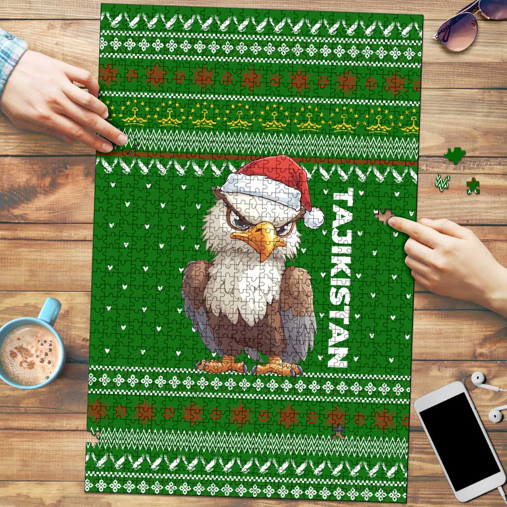 Tajikistan Christmas Puzzle with Santa Hat Eagle Green Snowflake Pattern and Holiday Design - Wonder Print Shop