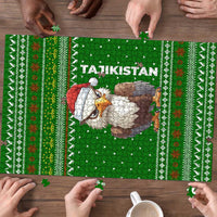 Tajikistan Christmas Puzzle with Santa Hat Eagle Green Snowflake Pattern and Holiday Design - Wonder Print Shop