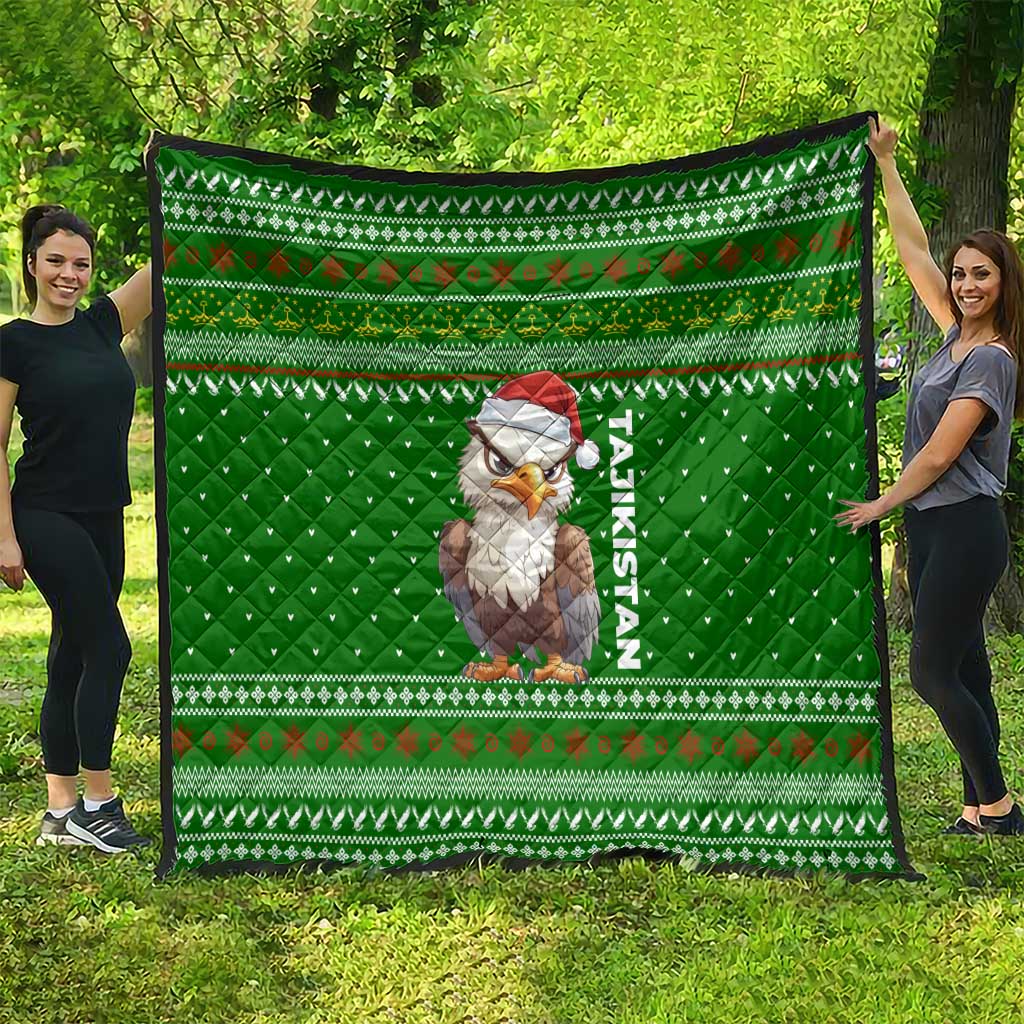 Tajikistan Christmas Quilt with Santa Hat Eagle Green Snowflake Pattern and Holiday Design - Wonder Print Shop