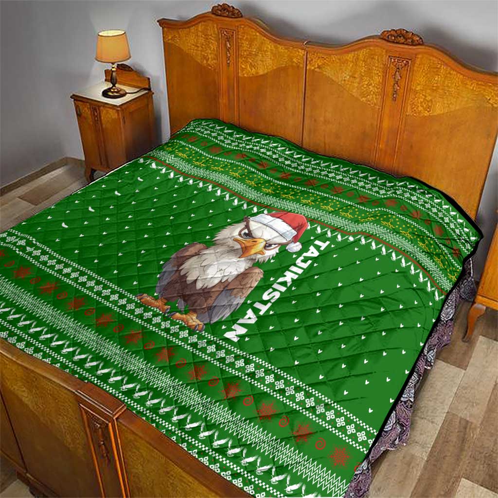 Tajikistan Christmas Quilt with Santa Hat Eagle Green Snowflake Pattern and Holiday Design - Wonder Print Shop