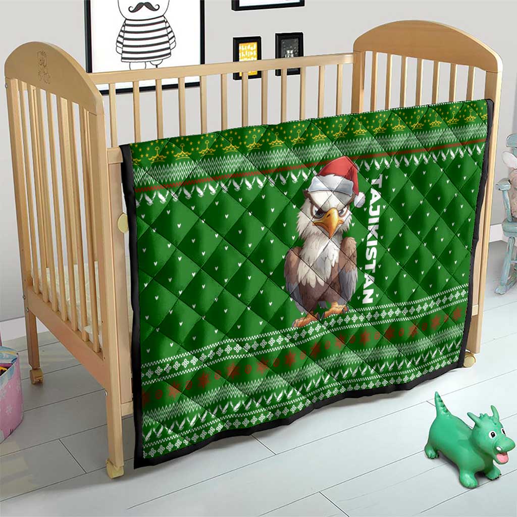 Tajikistan Christmas Quilt with Santa Hat Eagle Green Snowflake Pattern and Holiday Design - Wonder Print Shop