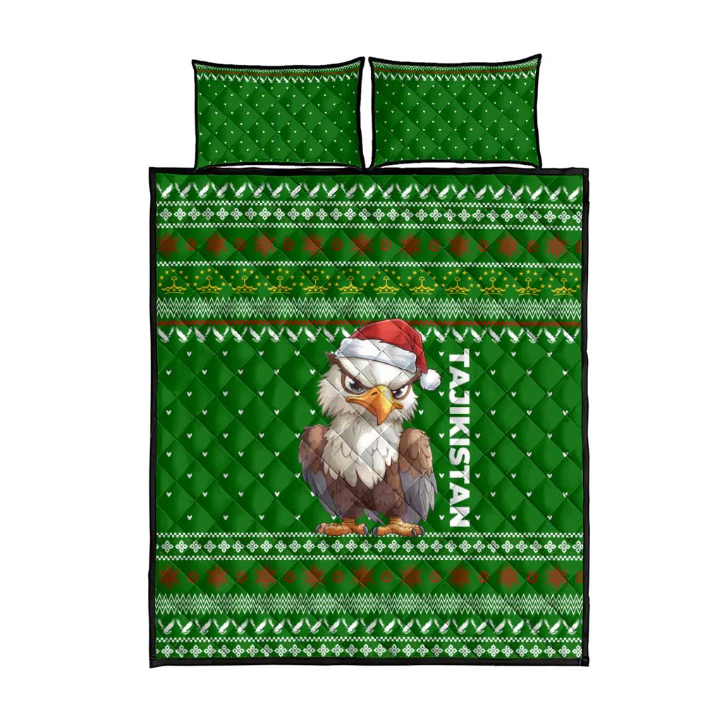 Tajikistan Christmas Quilt Bed Set with Santa Hat Eagle Green Snowflake Pattern and Holiday Design - Wonder Print Shop