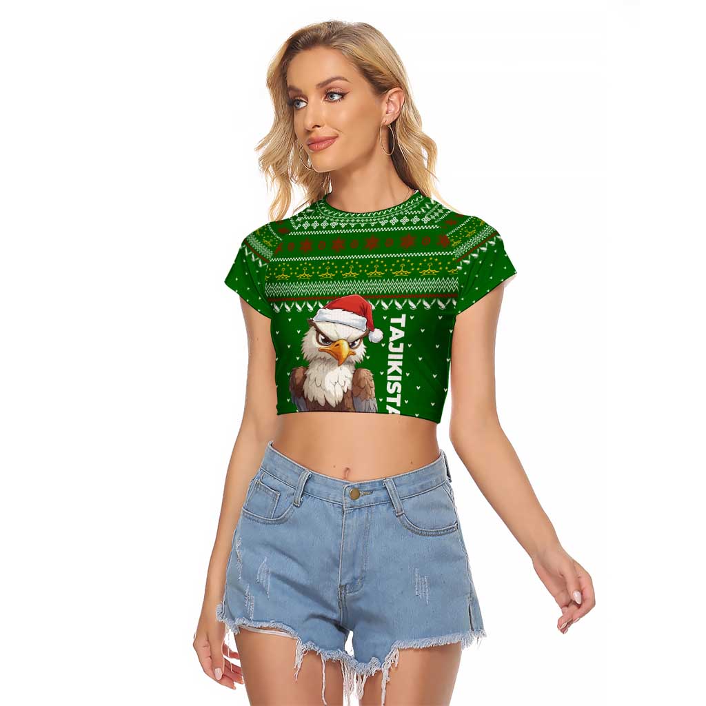 Tajikistan Christmas Raglan Cropped T Shirt with Santa Hat Eagle Green Snowflake Pattern and Holiday Design - Wonder Print Shop