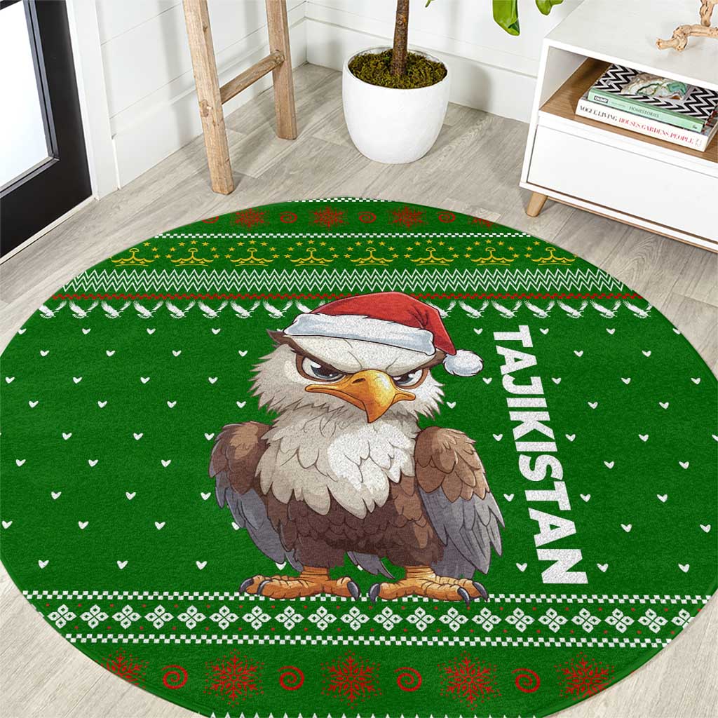 Tajikistan Christmas Round Carpet with Santa Hat Eagle Green Snowflake Pattern and Holiday Design - Wonder Print Shop