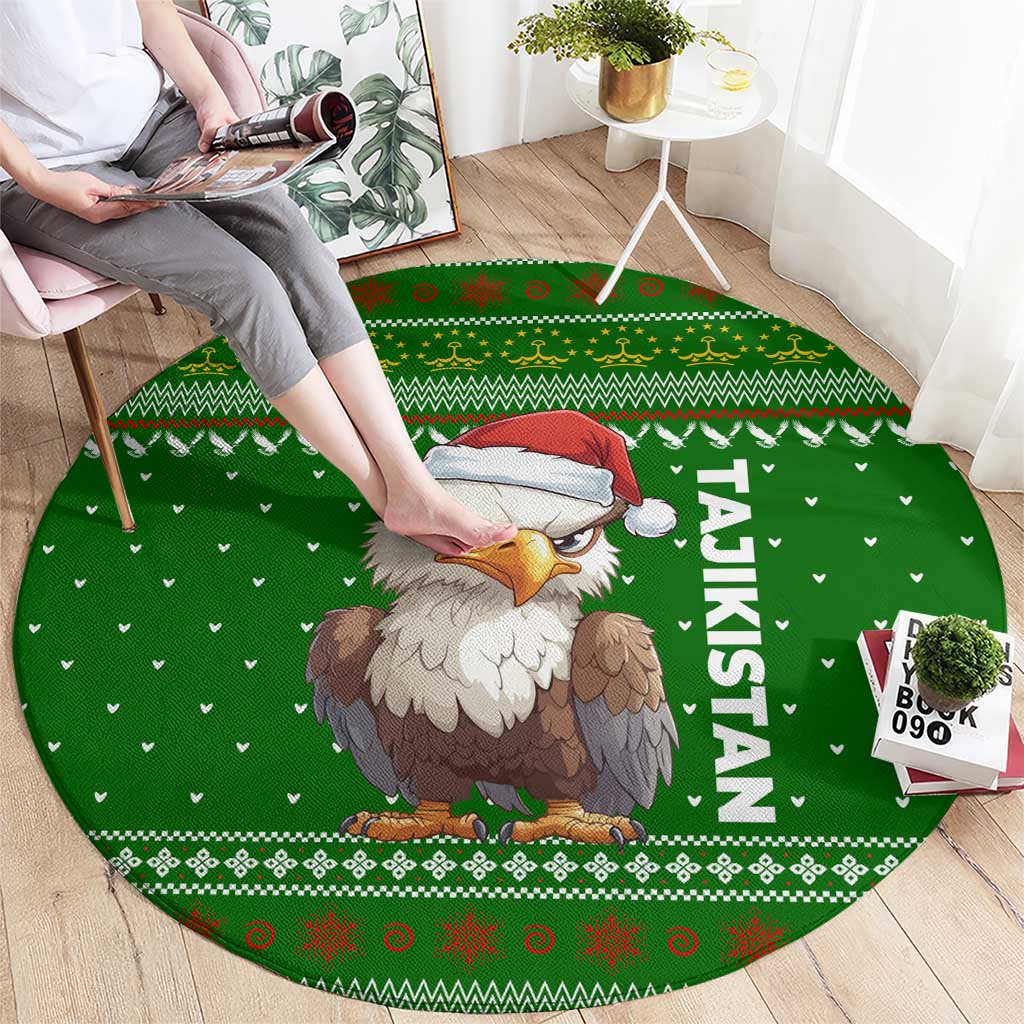 Tajikistan Christmas Round Carpet with Santa Hat Eagle Green Snowflake Pattern and Holiday Design - Wonder Print Shop