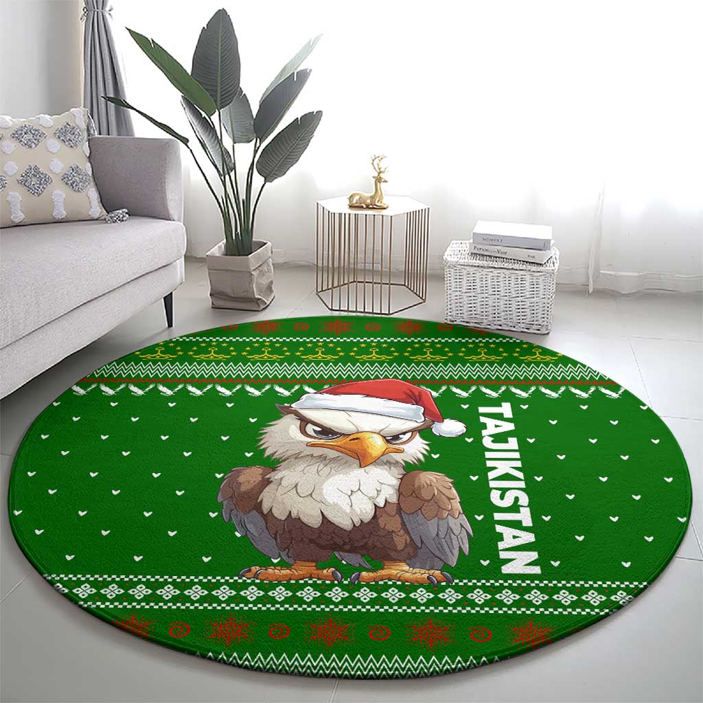 Tajikistan Christmas Round Carpet with Santa Hat Eagle Green Snowflake Pattern and Holiday Design - Wonder Print Shop