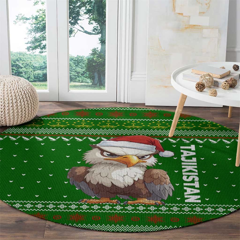 Tajikistan Christmas Round Carpet with Santa Hat Eagle Green Snowflake Pattern and Holiday Design - Wonder Print Shop
