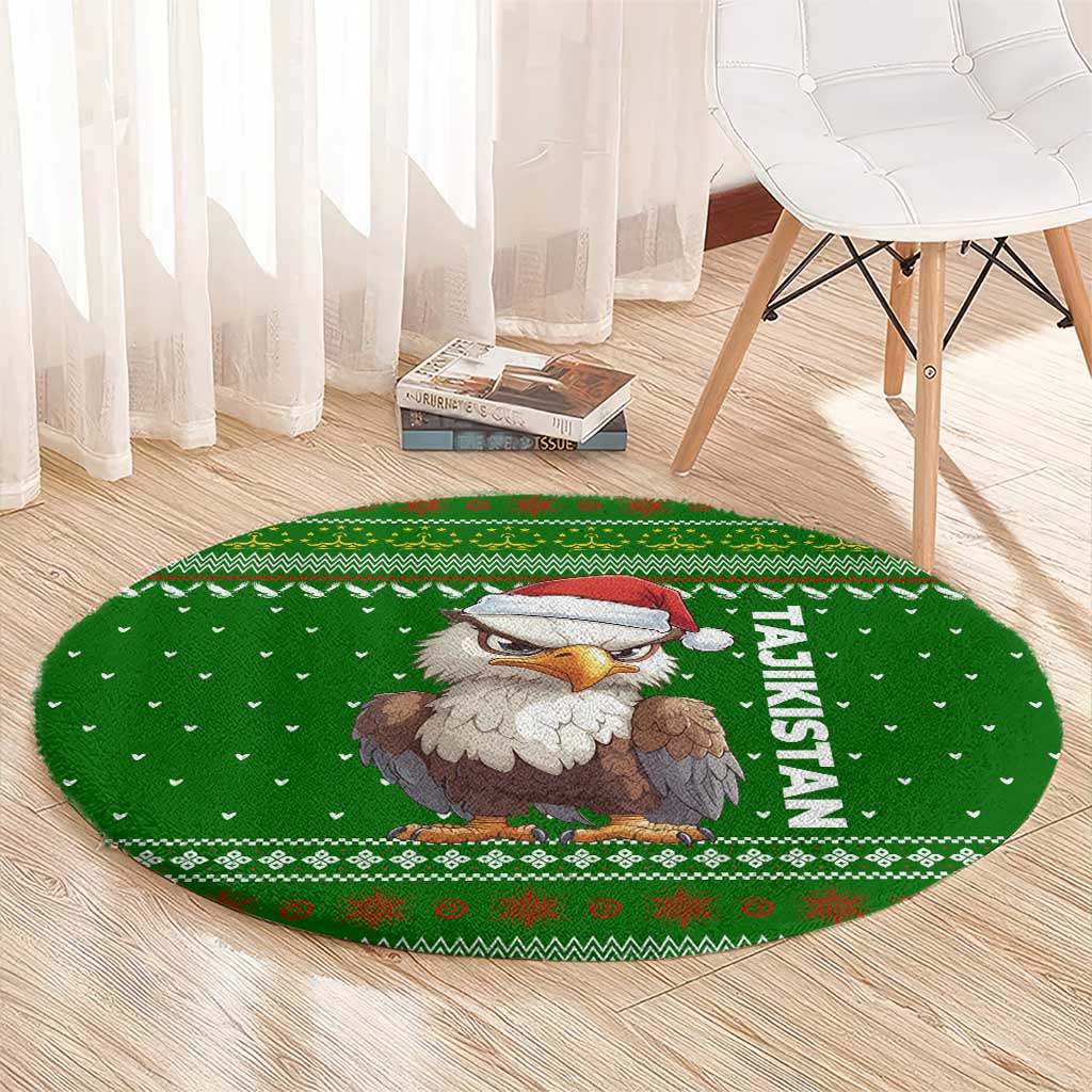 Tajikistan Christmas Round Carpet with Santa Hat Eagle Green Snowflake Pattern and Holiday Design - Wonder Print Shop