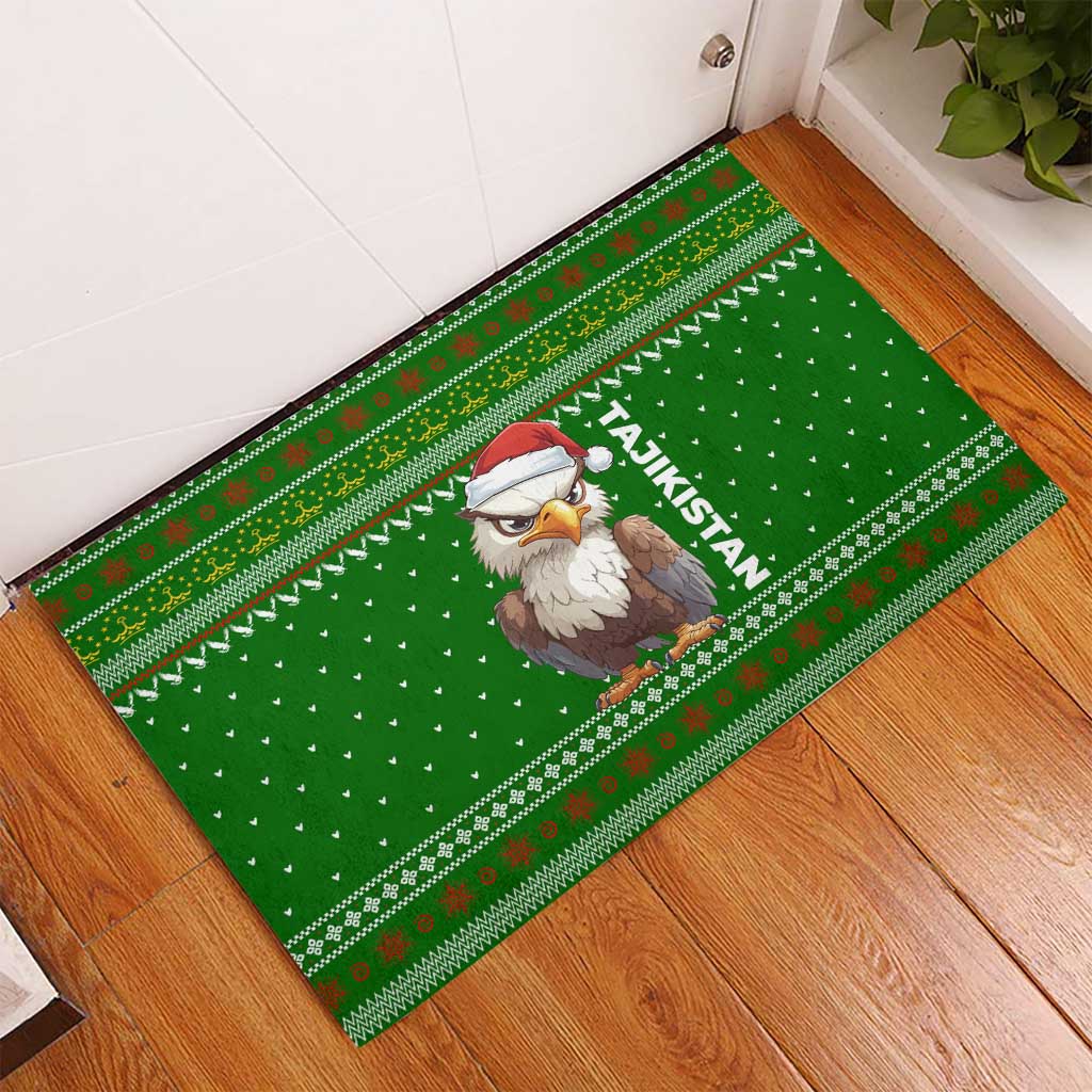 Tajikistan Christmas Rubber Doormat with Santa Hat Eagle Green Snowflake Pattern and Holiday Design - Wonder Print Shop