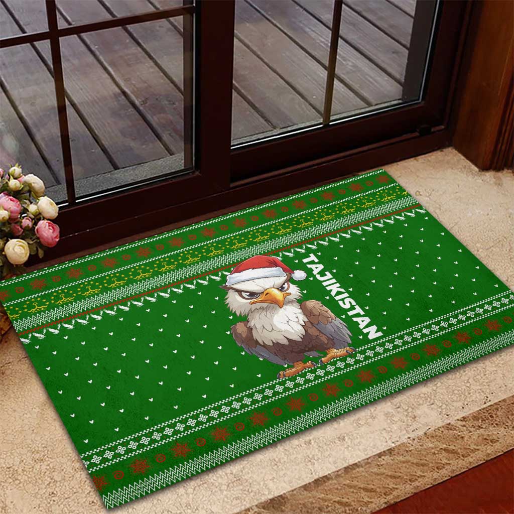 Tajikistan Christmas Rubber Doormat with Santa Hat Eagle Green Snowflake Pattern and Holiday Design - Wonder Print Shop