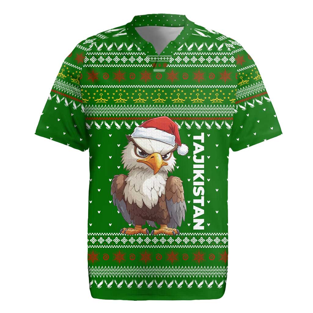 Tajikistan Christmas Rugby Jersey with Santa Hat Eagle Green Snowflake Pattern and Holiday Design - Wonder Print Shop