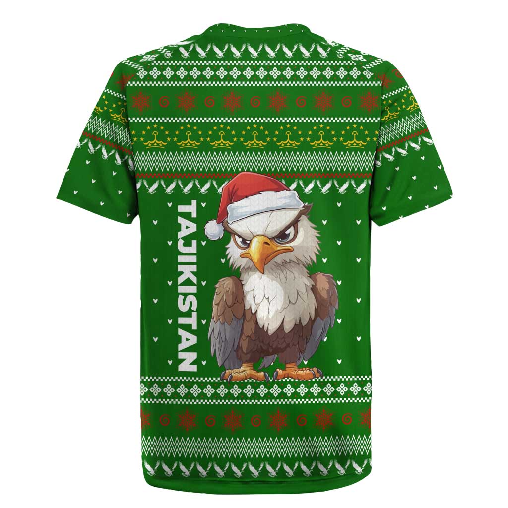 Tajikistan Christmas Rugby Jersey with Santa Hat Eagle Green Snowflake Pattern and Holiday Design - Wonder Print Shop