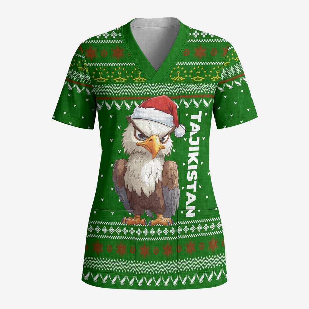 Tajikistan Christmas Scrub Top with Santa Hat Eagle Green Snowflake Pattern and Holiday Design - Wonder Print Shop