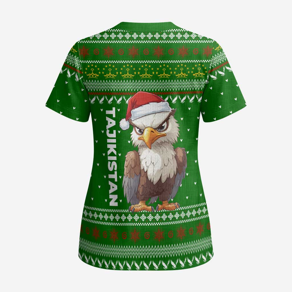 Tajikistan Christmas Scrub Top with Santa Hat Eagle Green Snowflake Pattern and Holiday Design - Wonder Print Shop