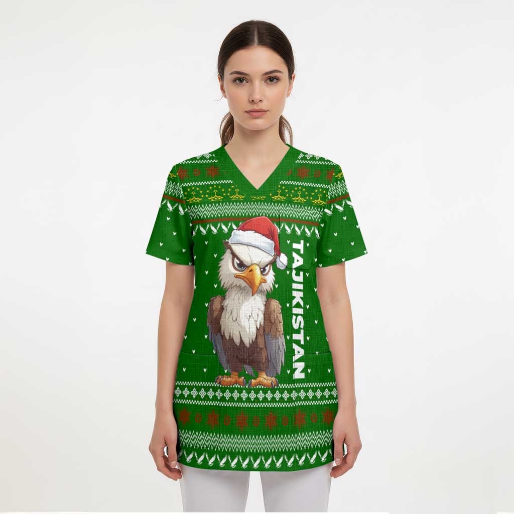 Tajikistan Christmas Scrub Top with Santa Hat Eagle Green Snowflake Pattern and Holiday Design - Wonder Print Shop