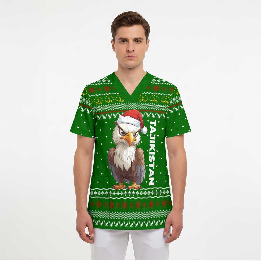 Tajikistan Christmas Scrub Top with Santa Hat Eagle Green Snowflake Pattern and Holiday Design - Wonder Print Shop