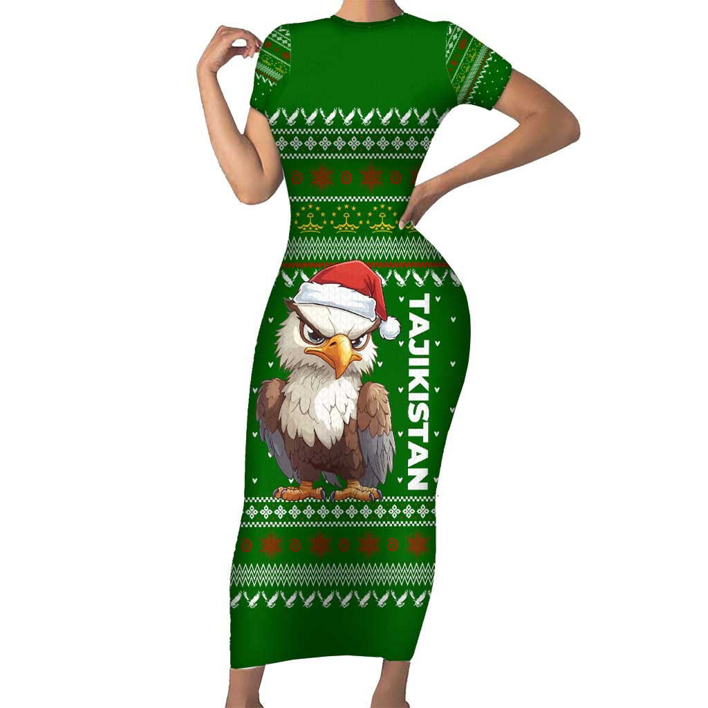 Tajikistan Christmas Short Sleeve Bodycon Dress with Santa Hat Eagle Green Snowflake Pattern and Holiday Design - Wonder Print Shop