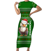 Tajikistan Christmas Short Sleeve Bodycon Dress with Santa Hat Eagle Green Snowflake Pattern and Holiday Design - Wonder Print Shop