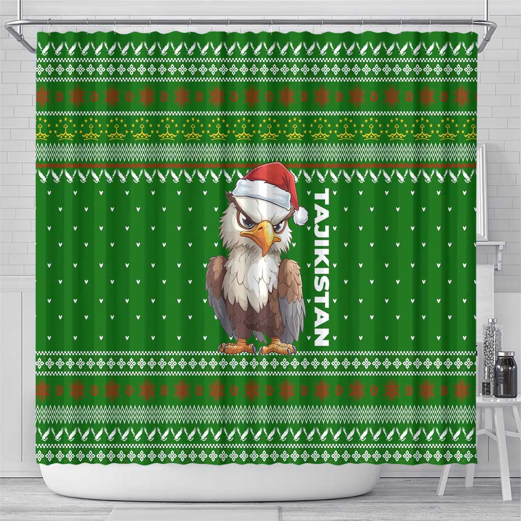 Tajikistan Christmas Shower Curtain with Santa Hat Eagle Green Snowflake Pattern and Holiday Design - Wonder Print Shop