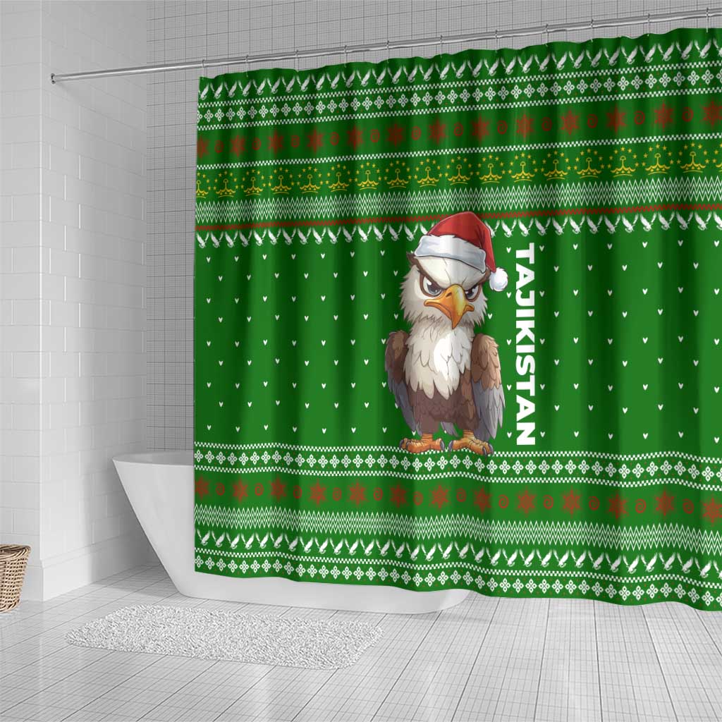 Tajikistan Christmas Shower Curtain with Santa Hat Eagle Green Snowflake Pattern and Holiday Design - Wonder Print Shop