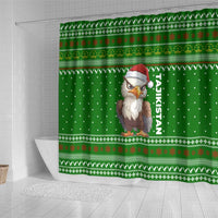 Tajikistan Christmas Shower Curtain with Santa Hat Eagle Green Snowflake Pattern and Holiday Design - Wonder Print Shop