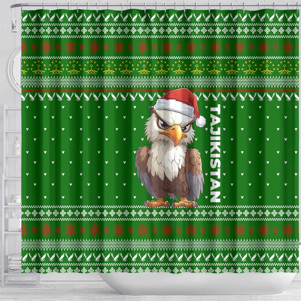 Tajikistan Christmas Shower Curtain with Santa Hat Eagle Green Snowflake Pattern and Holiday Design - Wonder Print Shop