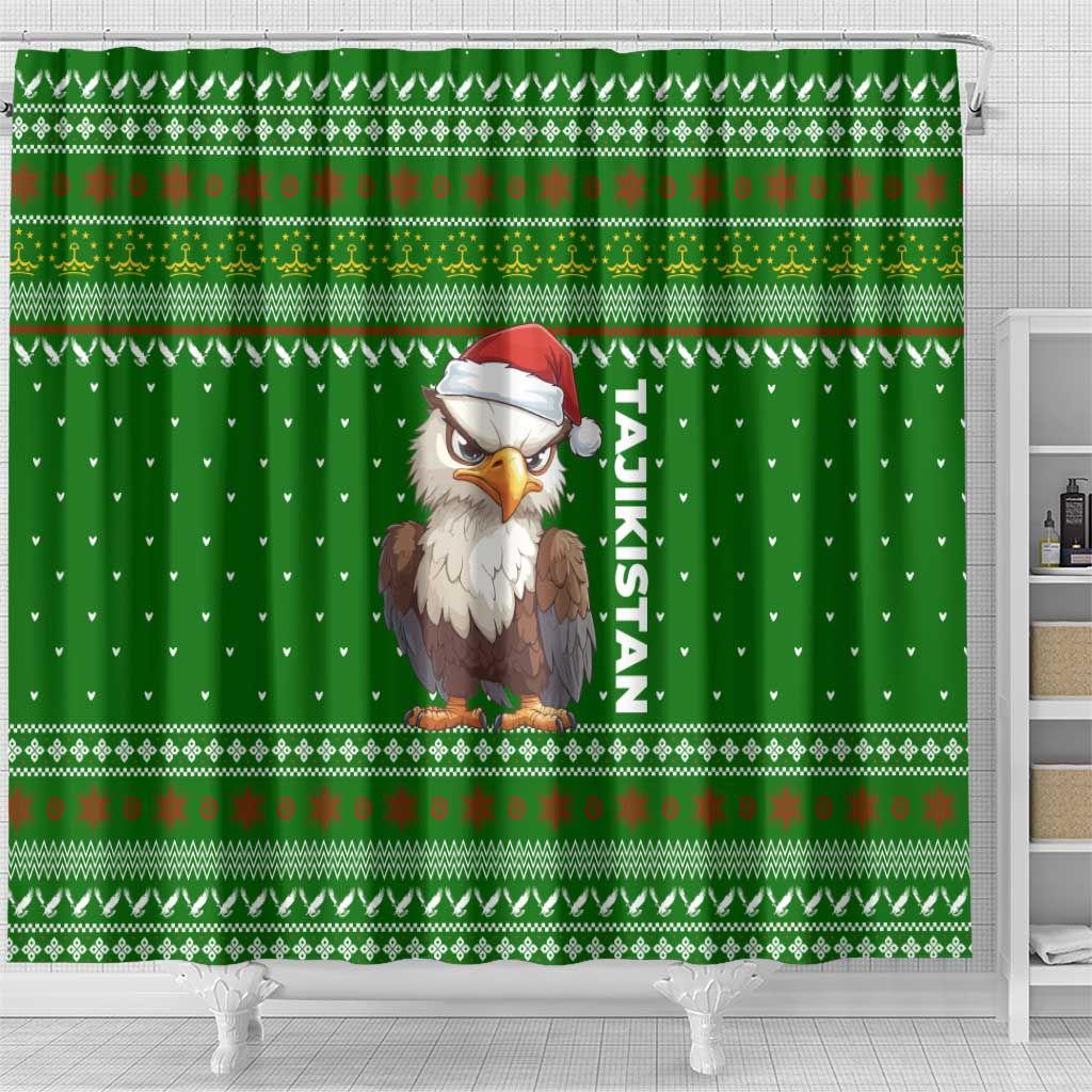 Tajikistan Christmas Shower Curtain with Santa Hat Eagle Green Snowflake Pattern and Holiday Design - Wonder Print Shop