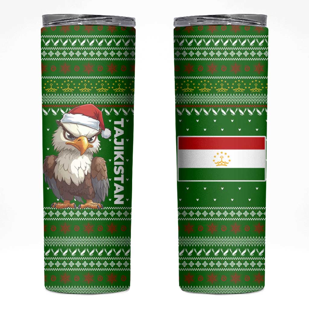 Tajikistan Christmas Skinny Tumbler with Santa Hat Eagle Green Snowflake Pattern and Holiday Design - Wonder Print Shop