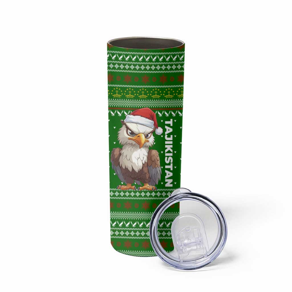 Tajikistan Christmas Skinny Tumbler with Santa Hat Eagle Green Snowflake Pattern and Holiday Design - Wonder Print Shop