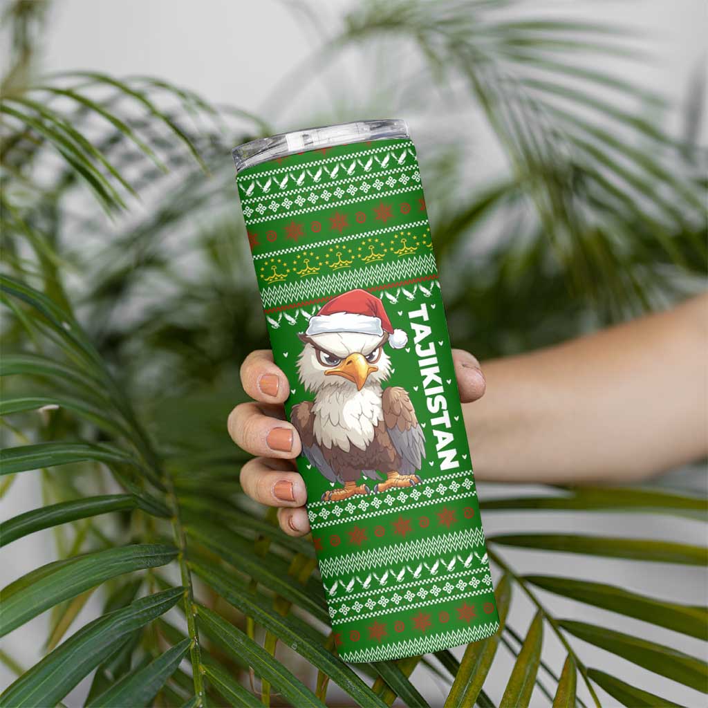 Tajikistan Christmas Skinny Tumbler with Santa Hat Eagle Green Snowflake Pattern and Holiday Design - Wonder Print Shop
