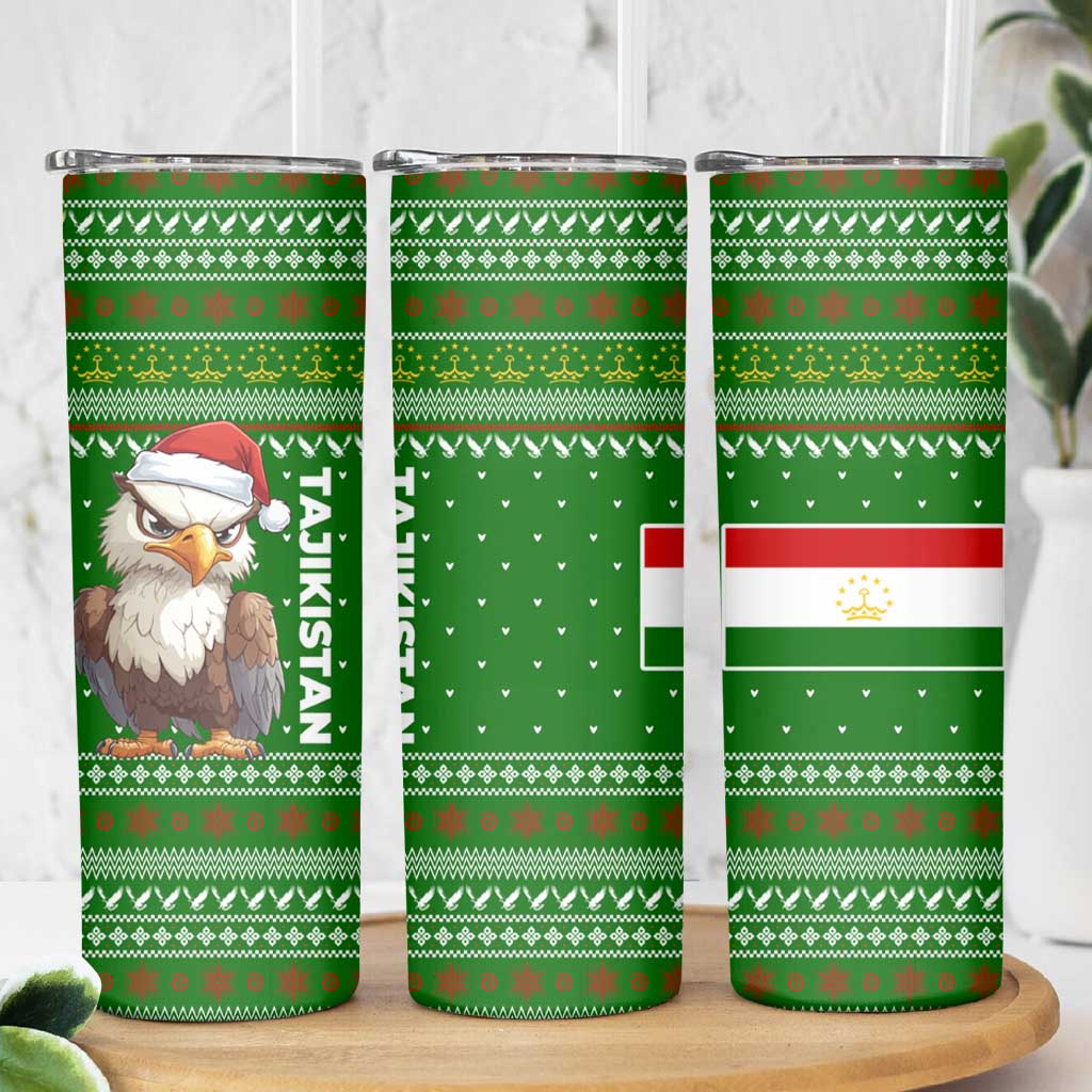 Tajikistan Christmas Skinny Tumbler with Santa Hat Eagle Green Snowflake Pattern and Holiday Design - Wonder Print Shop