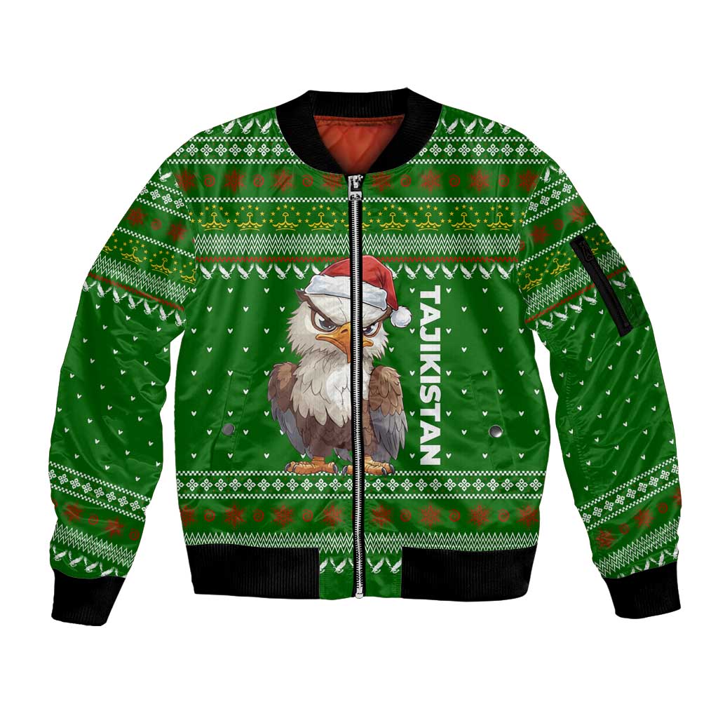 Tajikistan Christmas Sleeve Zip Bomber Jacket with Santa Hat Eagle Green Snowflake Pattern and Holiday Design - Wonder Print Shop