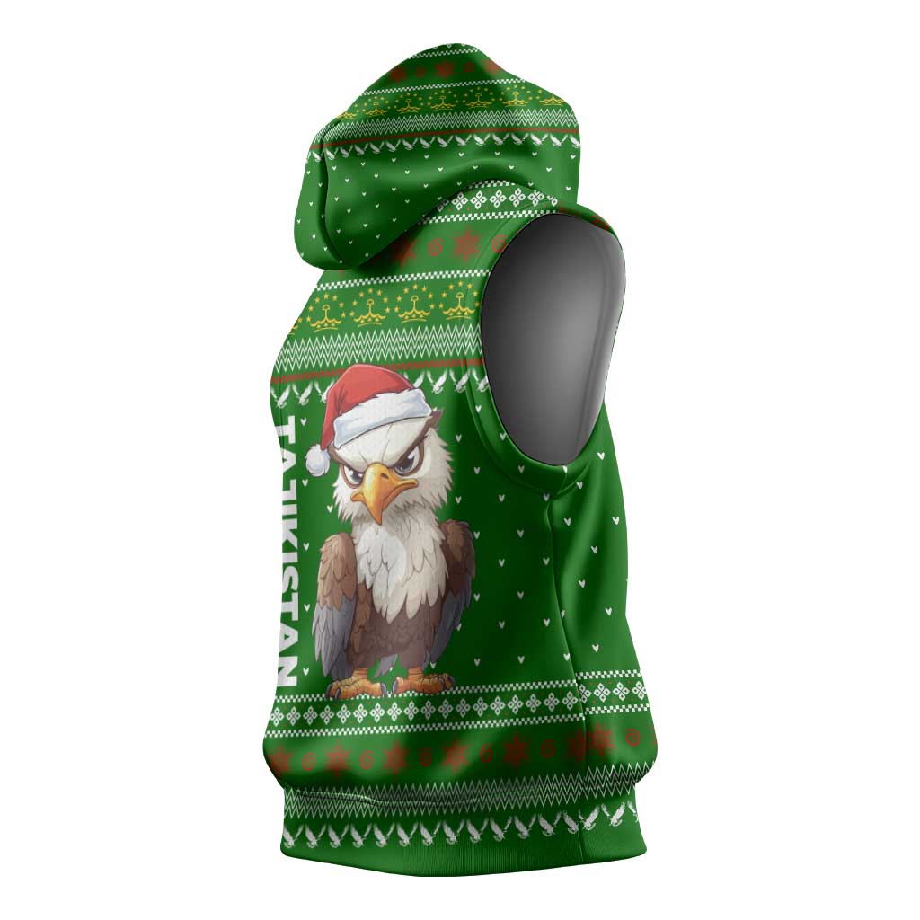 Tajikistan Christmas Sleeveless Hoodie with Santa Hat Eagle Green Snowflake Pattern and Holiday Design - Wonder Print Shop