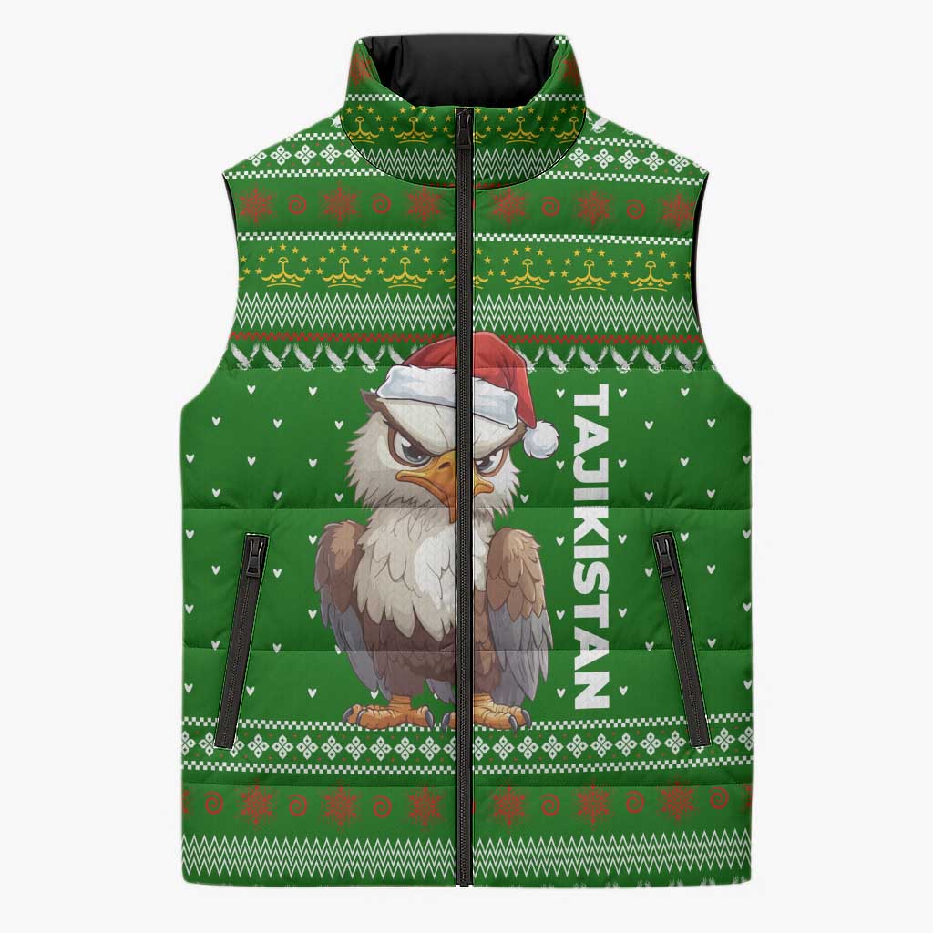 Tajikistan Christmas Sleeveless Puffer Jacket with Santa Hat Eagle Green Snowflake Pattern and Holiday Design - Wonder Print Shop