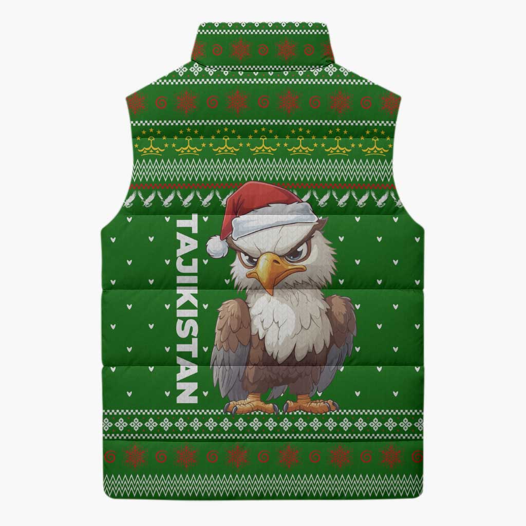 Tajikistan Christmas Sleeveless Puffer Jacket with Santa Hat Eagle Green Snowflake Pattern and Holiday Design - Wonder Print Shop