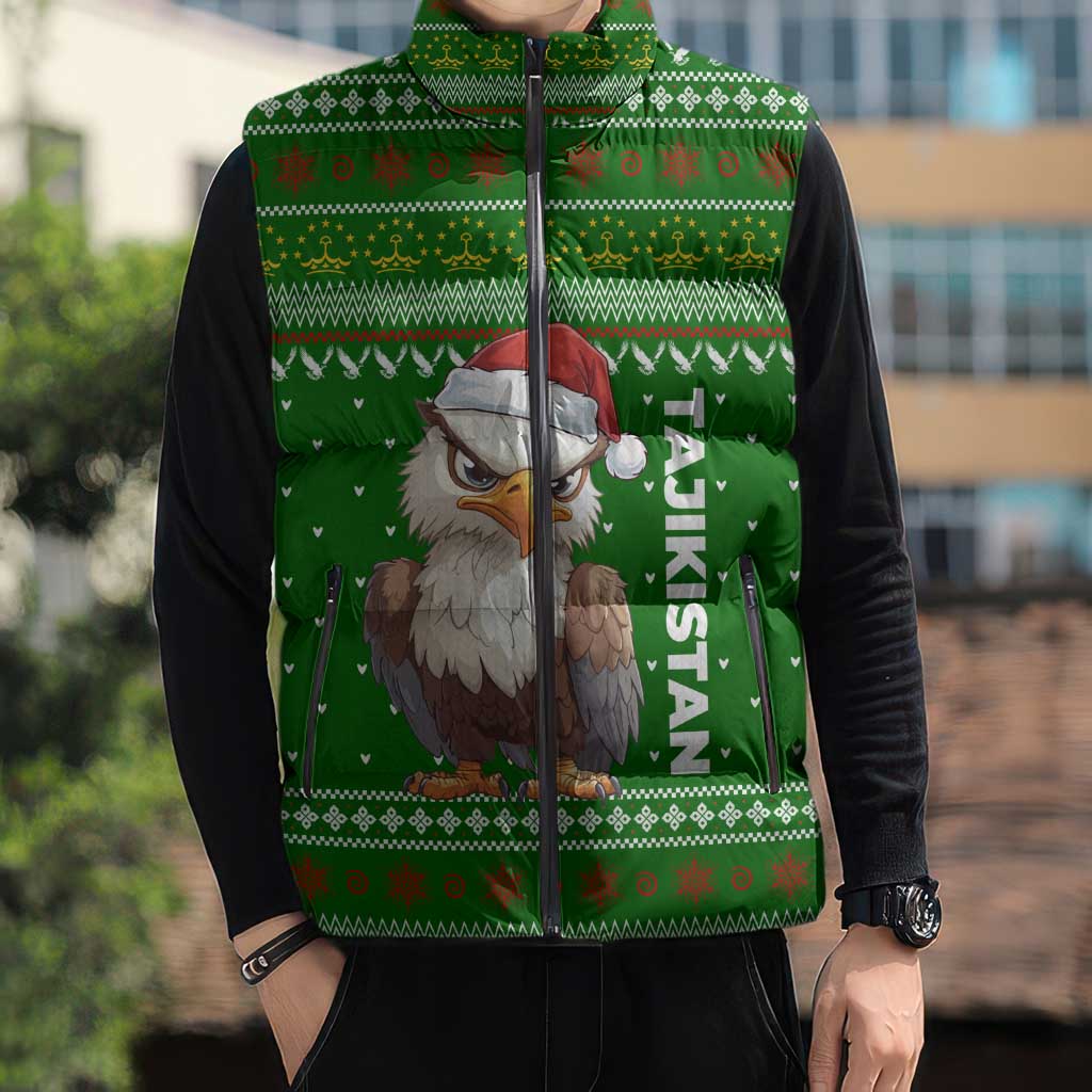 Tajikistan Christmas Sleeveless Puffer Jacket with Santa Hat Eagle Green Snowflake Pattern and Holiday Design - Wonder Print Shop