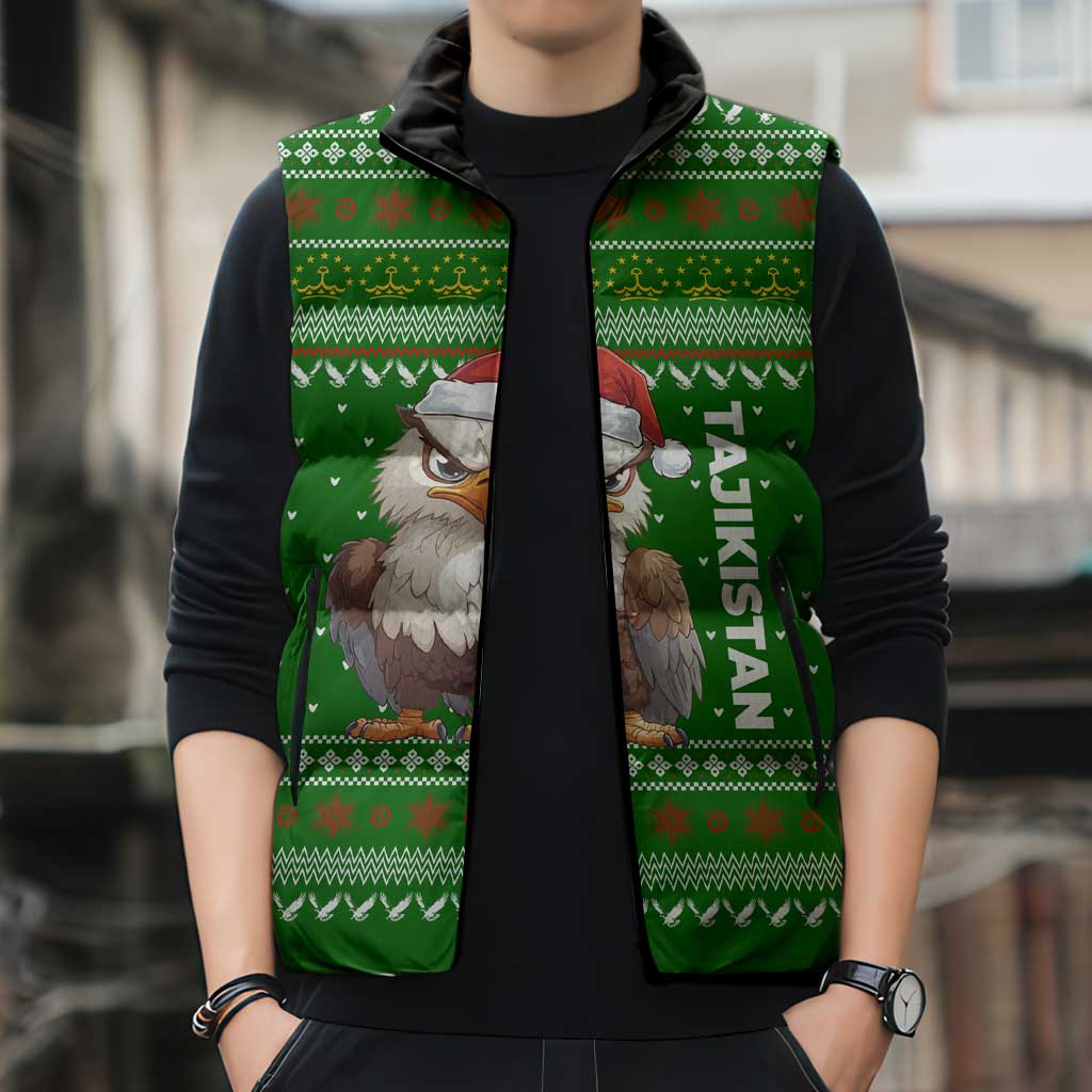 Tajikistan Christmas Sleeveless Puffer Jacket with Santa Hat Eagle Green Snowflake Pattern and Holiday Design - Wonder Print Shop