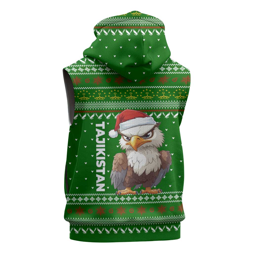 Tajikistan Christmas Sleeveless Zip Hoodie with Santa Hat Eagle Green Snowflake Pattern and Holiday Design - Wonder Print Shop