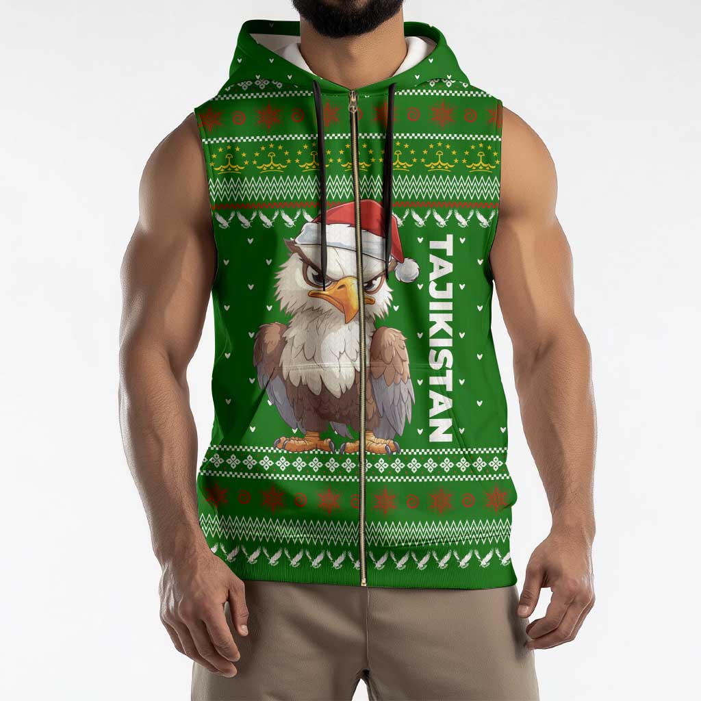 Tajikistan Christmas Sleeveless Zip Hoodie with Santa Hat Eagle Green Snowflake Pattern and Holiday Design - Wonder Print Shop