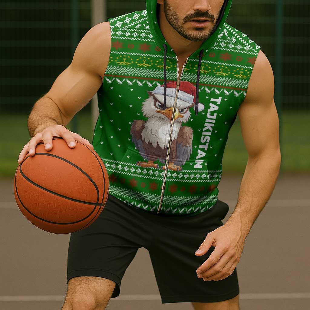 Tajikistan Christmas Sleeveless Zip Hoodie with Santa Hat Eagle Green Snowflake Pattern and Holiday Design - Wonder Print Shop
