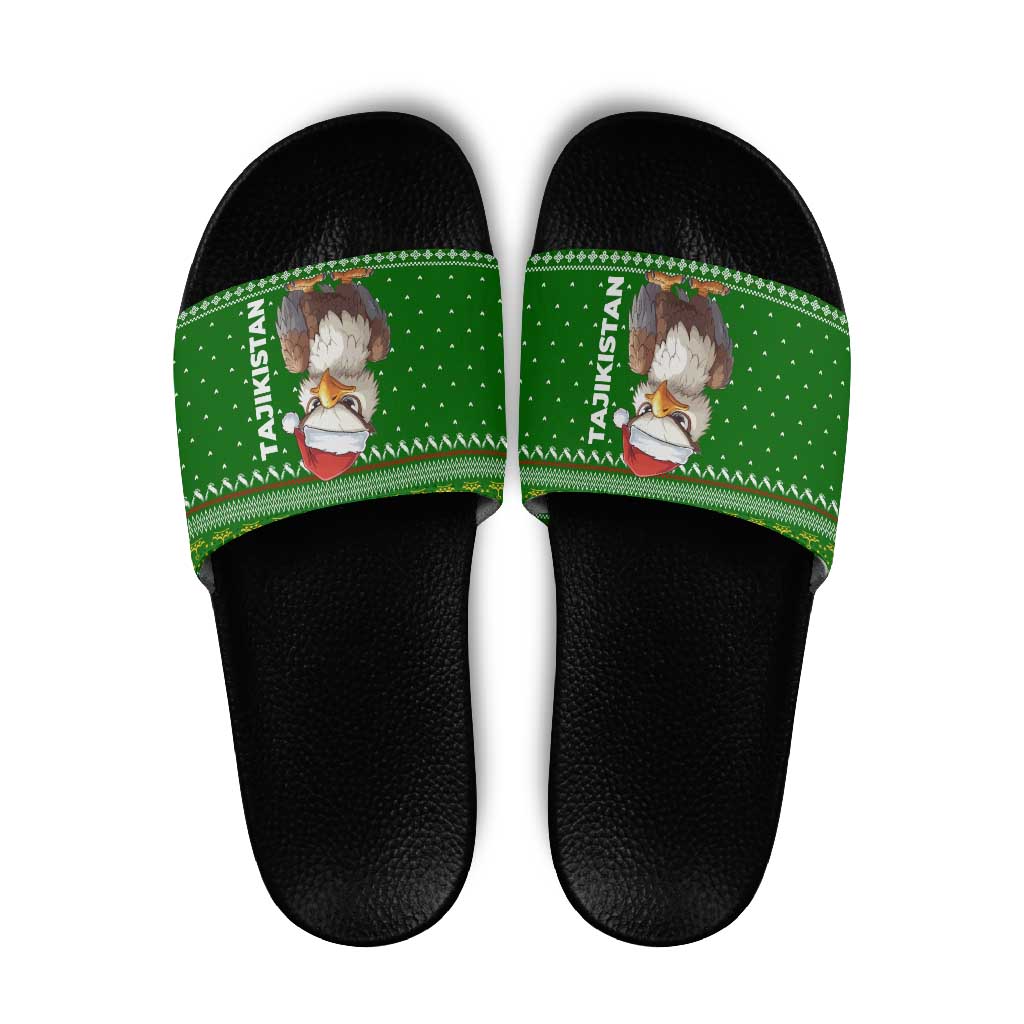 Tajikistan Christmas Slide Sandals with Santa Hat Eagle Green Snowflake Pattern and Holiday Design - Wonder Print Shop