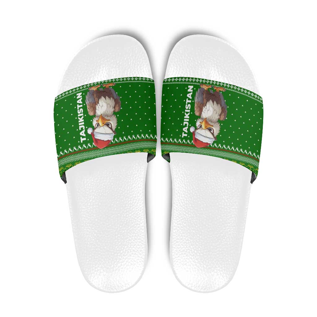 Tajikistan Christmas Slide Sandals with Santa Hat Eagle Green Snowflake Pattern and Holiday Design - Wonder Print Shop
